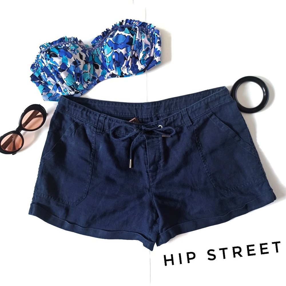 JUICY COUTURE Shorts Navy Blue LINEN Mid Rise Cuff M